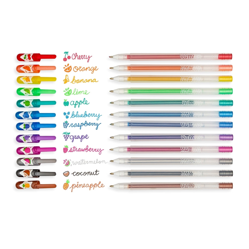 Yummy Yummy Scented Glitter Gel Pens set with vibrant fruity colors and matching scented glitter ink for artistic sparkle.