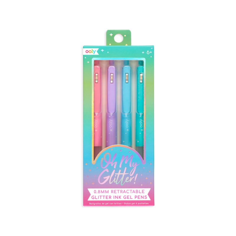 Oh My Glitter Gel Pens set of 4 glitter ink retractable gel pens with comfort grip and functional clips in pastel colors.