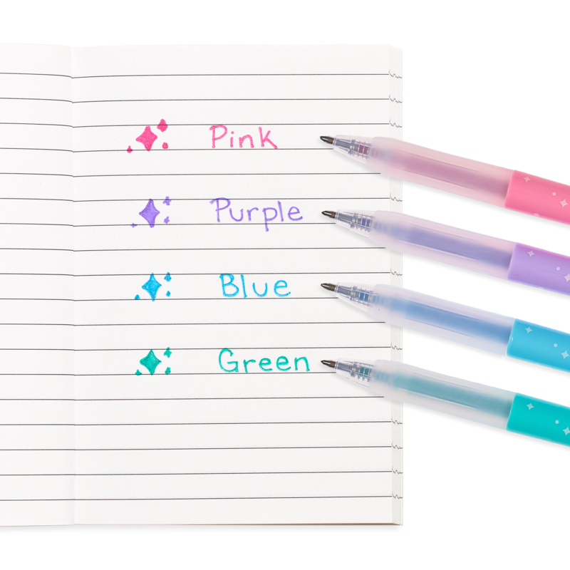Oh My Glitter Gel Pens with pink, purple, blue, and green glitter ink writing on lined notebook paper.