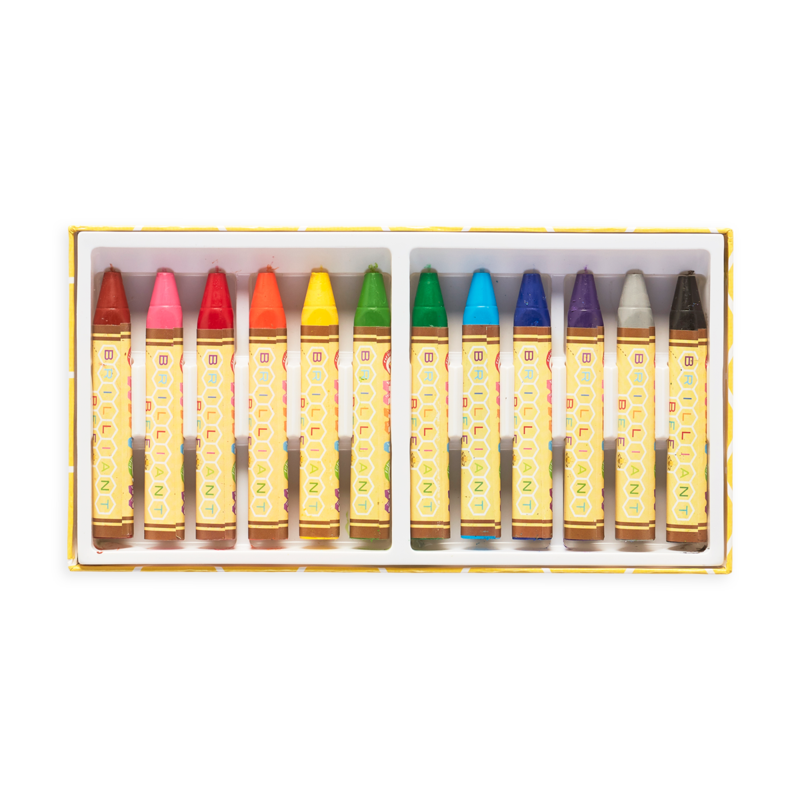 Brilliant Bee Crayons set with ergonomic triangle crayons in vibrant colors for smooth coloring on paper and black paper.