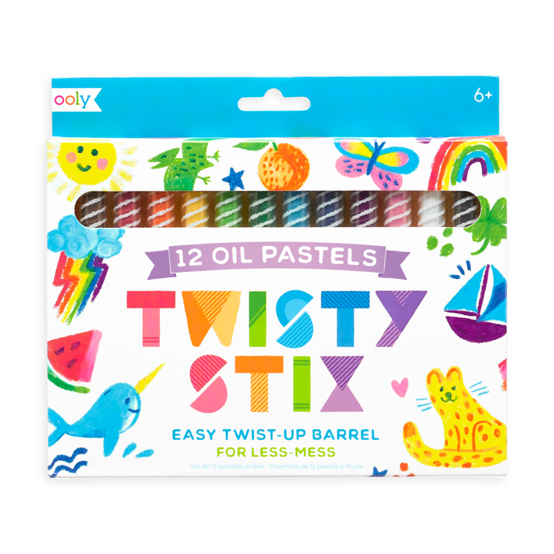 Twisty Stix Oil Pastels set of 12 vibrant twist-up oil pastels with easy barrel for clean, mess-free coloring and blending.