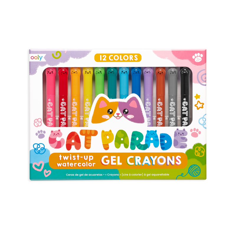 Cat Parade Twist-Up Watercolor Gel Crayons set of 12 bright colors with kitten face caps and twist-up barrels.