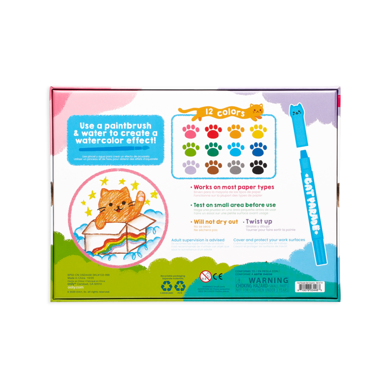 Cat Parade Twist-Up Watercolor Gel Crayons set with 12 vibrant colors and kitten-faced caps in twist-up barrels.