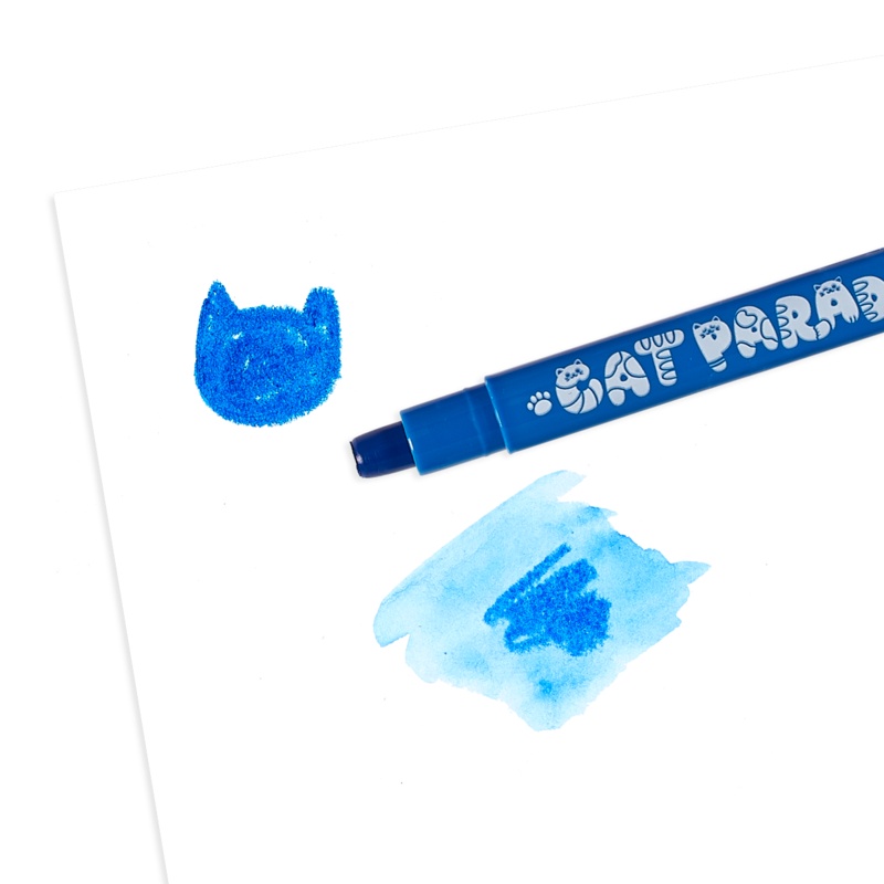 Cat Parade Twist-Up Watercolor Gel Crayons showing blue gel crayon with cat face and watercolor effect on paper.
