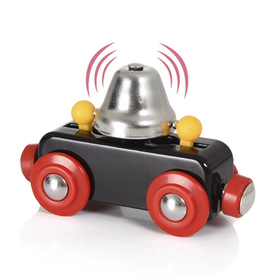 Bell Wagon Car wooden toy with red wheels and a bell that rings when rolled back and forth, perfect for ages 3+