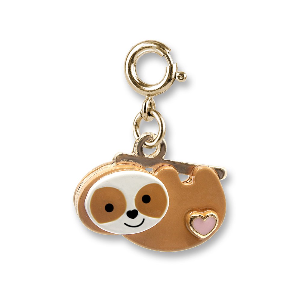Sloth Gold Charm with enamel and base metal, featuring a cute 3D sloth design with a small pink heart detail.