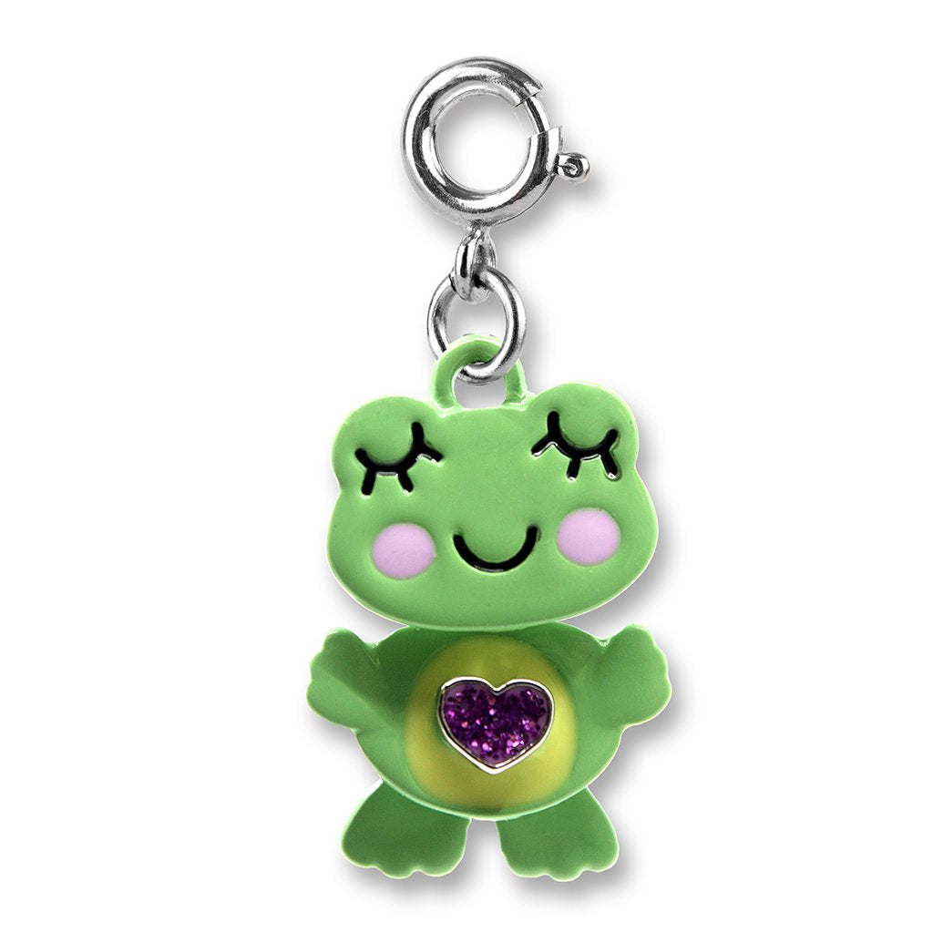 Frog Swivel Charm with a smiling green frog, purple heart, and silver swivel clasp for jewelry or bags.