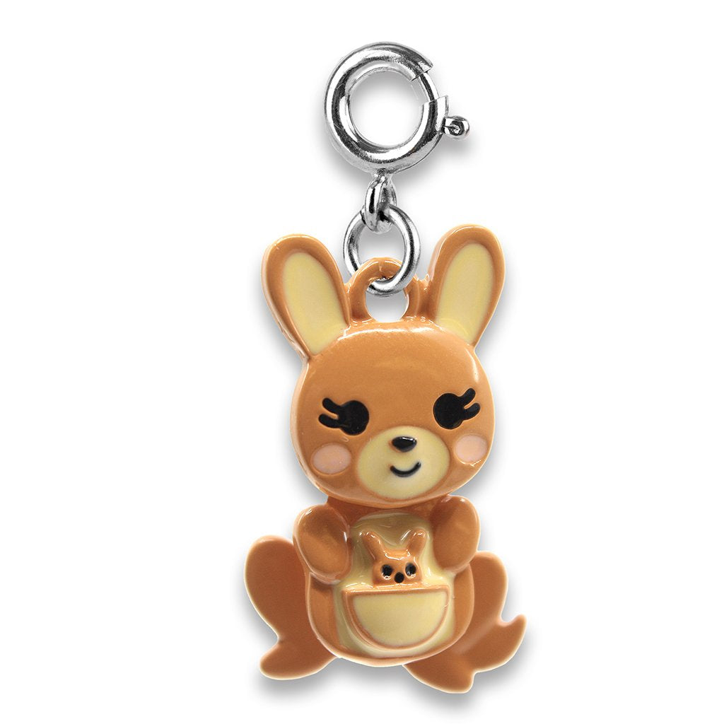 Kangaroo Swivel Charm featuring a cute enamel kangaroo with a baby in its pouch, made of base metal and swivels.