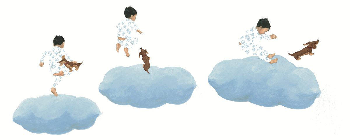 A Big Bed for Little Snow shows a child and dog jumping happily on a fluffy blue bed against a white background.