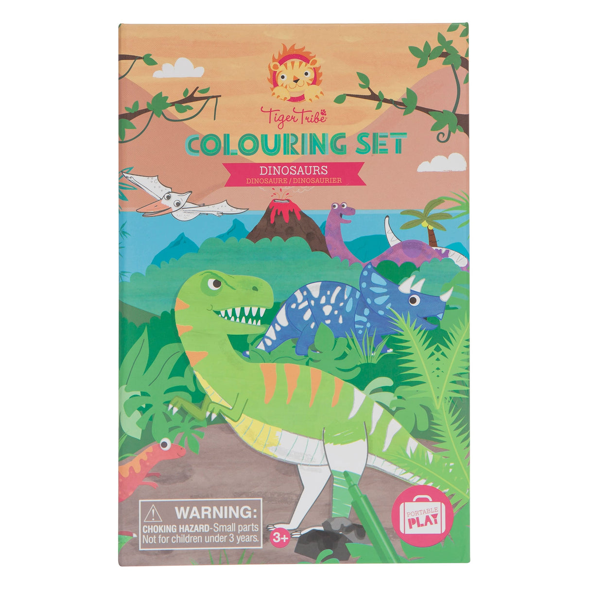 Coloring Set | Dinosaurs featuring vibrant dinosaur illustrations with volcano and jungle background, ideal for kids ages 3 and up.
