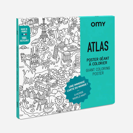 Atlas Giant Coloring Poster featuring a foldable world map with fun illustrations, ideal for creative coloring activities.