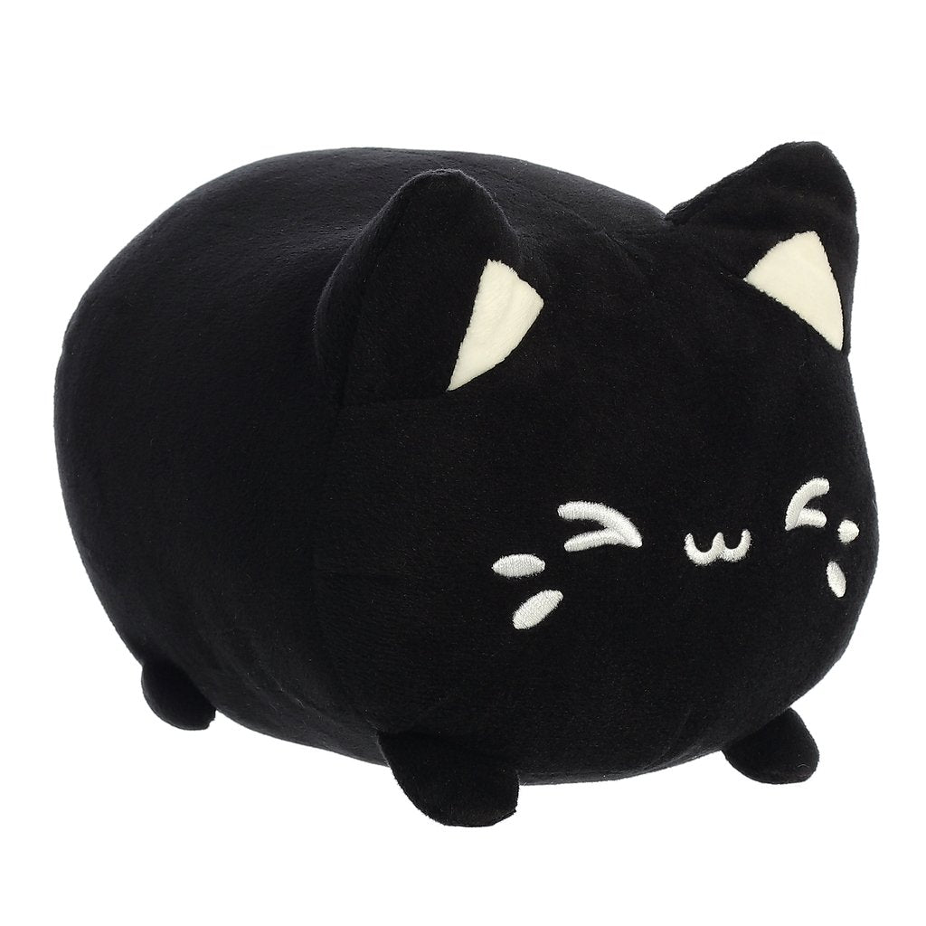 Meowchi Black Sesame plush, small black cat shape with embroidered features, soft minky fabric, 7 inches long.