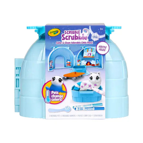 Scribble Scrubbie Arctic Igloo playset with color-changing pets, markers, brush, and igloo storage case for kids 3 and up.