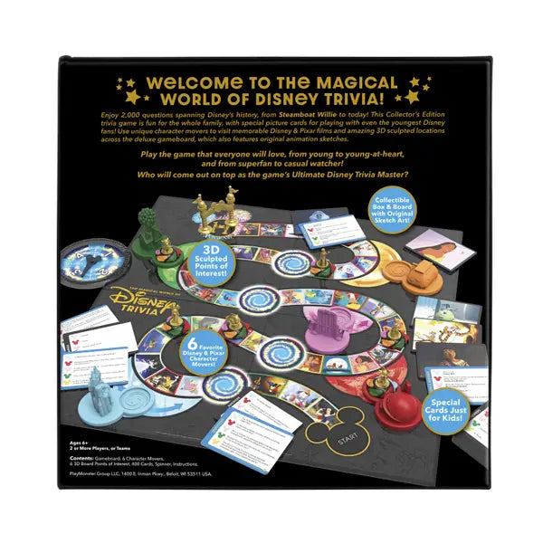 Magical World of Disney Trivia game board with character movers, 3D points of interest, trivia cards, and spinner for family fun.