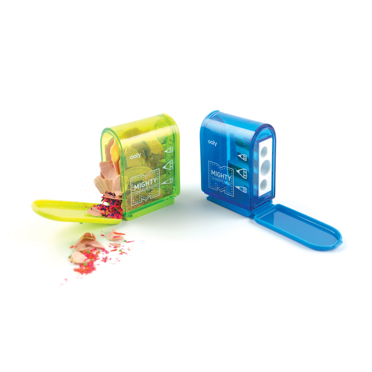 Two colorful Mighty Sharpener pencil sharpeners with large reservoirs and three hole sizes on white background