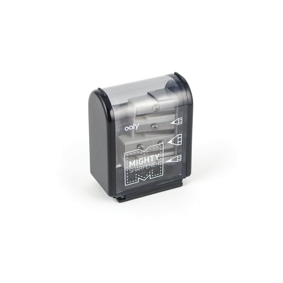 Mighty Sharpener with three hole sizes and large reservoir for shavings, perfect for sharpening pencils on the go.