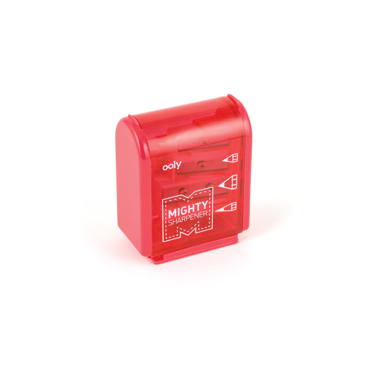 Red Mighty Sharpener with three hole sizes and large shavings reservoir, perfect for pencils and crayons.