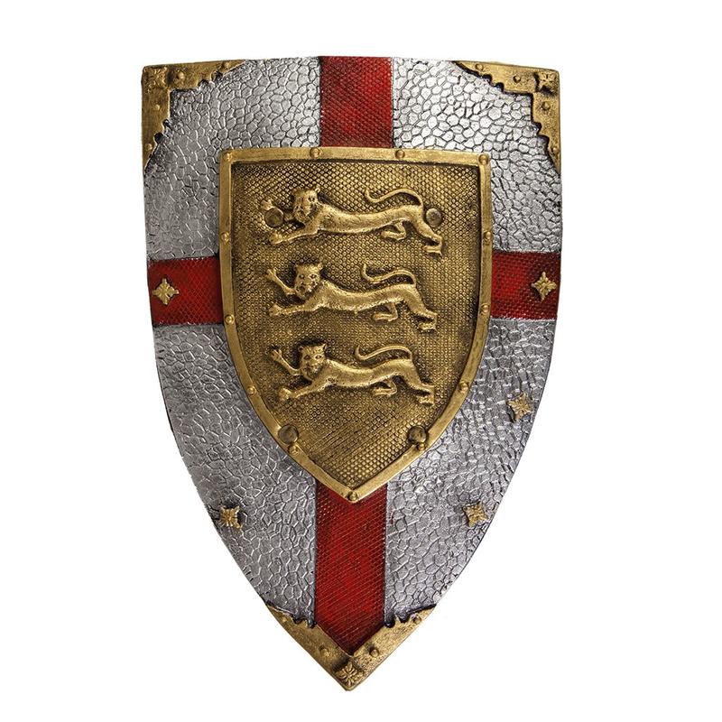 Lion Shield with bold red cross and gold lion accents, flexible textured foam, hand-painted with distressed look.