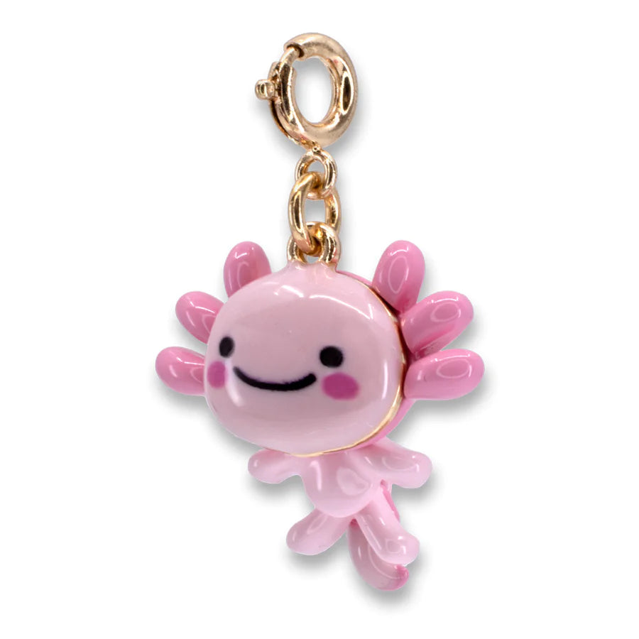 Gold Swivel Axolotl Charm featuring a cute pink enamel axolotl with a smiling face and gold swivel clasp.