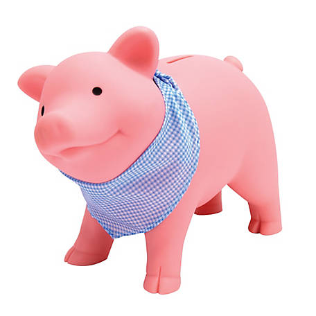 Rubber Piggy Bank pink vinyl pig with blue checkered scarf, durable kids savings bank, 11 inches long, ages 3 and up.