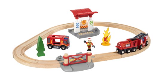 Rescue Firefighter Set with wooden tracks, fire truck, fire train, firefighter figure, and fire hose scene for kids.