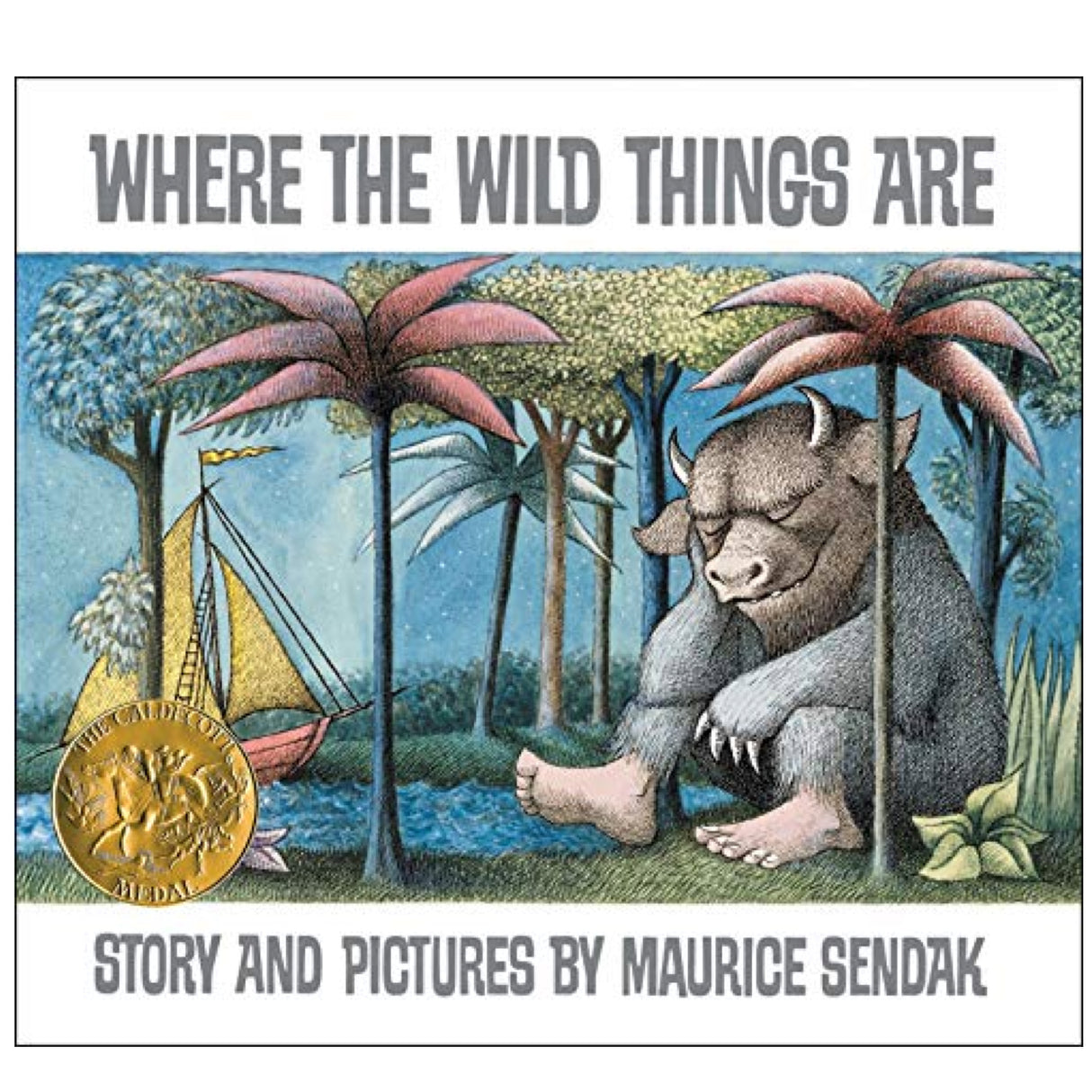 Where the Wild Things Are book cover with large creature resting under palm trees beside a sailboat on blue water.