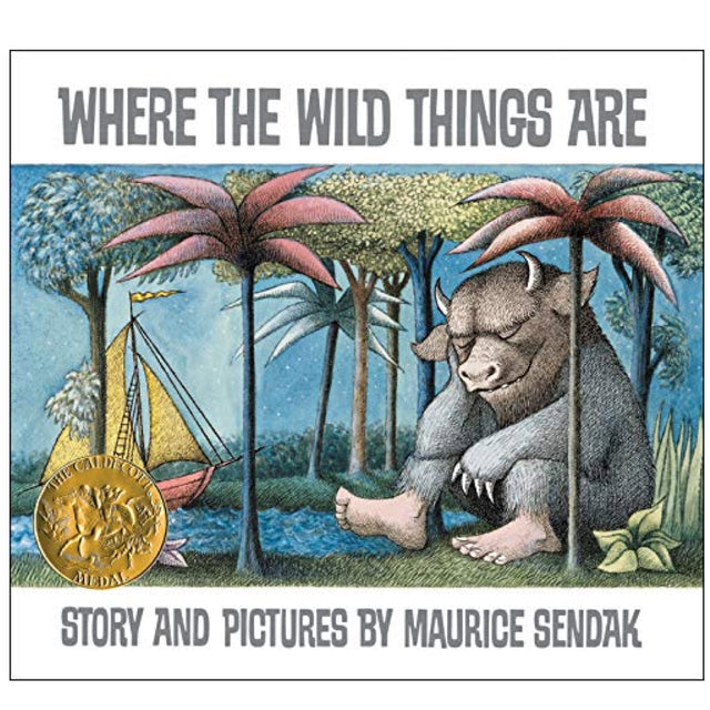 Where the Wild Things Are book cover with large creature resting under palm trees beside a sailboat on blue water.