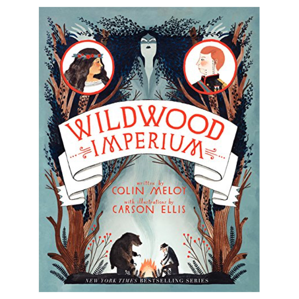 Cover of Wildwood Imperium #3 featuring illustrated characters, a bear, and a mystical forest scene by Carson Ellis.