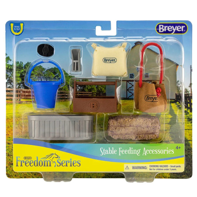 Stable Feeding Accessories set with water trough, feedbag, scoop, hay bale, and grooming tote for 1:12 scale horses.