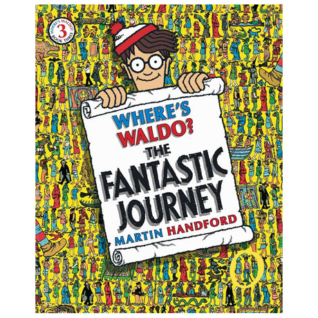 Cover of Where's Waldo? Fantastic Journey with Waldo holding a scroll amid crowded colorful characters.