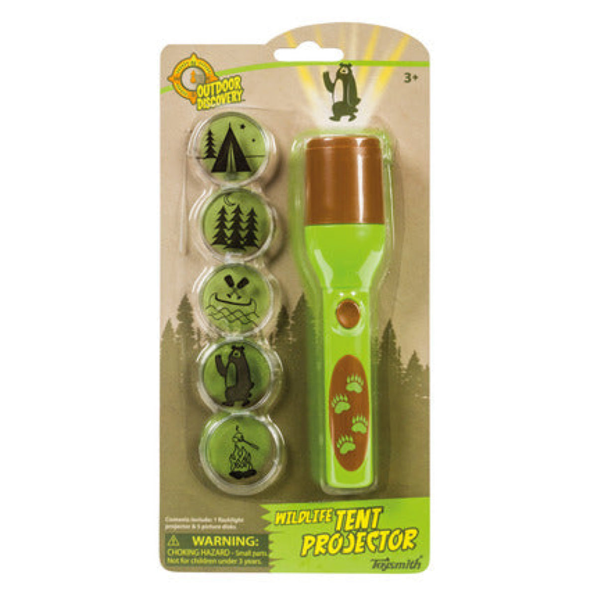 Wildlife Tent Projector with 6" flashlight and 5 image disks for projecting nature scenes during camping.