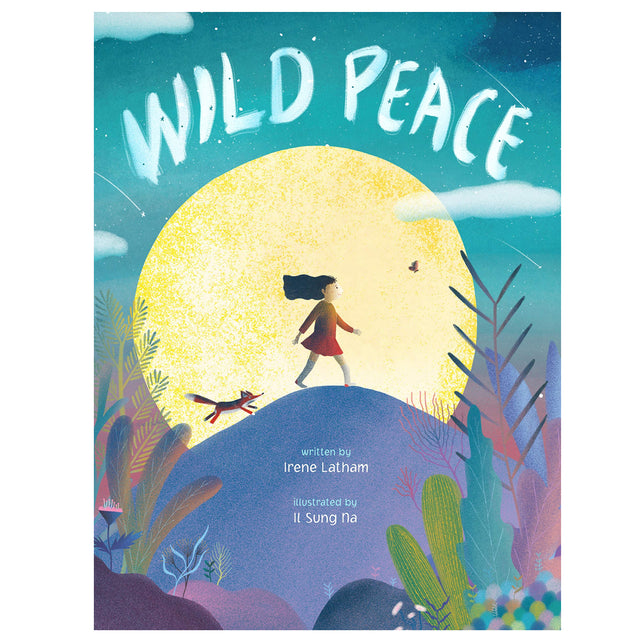 Wild Peace book cover with a girl and fox walking on a hill under a large glowing moon in a colorful forest.