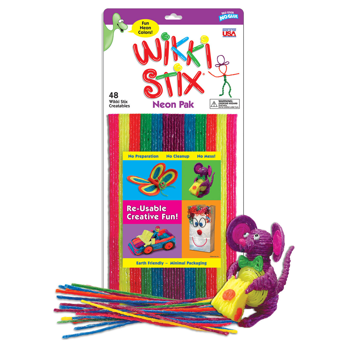 Wikki Stix Neon Pack with 48 colorful reusable shape sticks for creative hands-on play and learning with no mess.