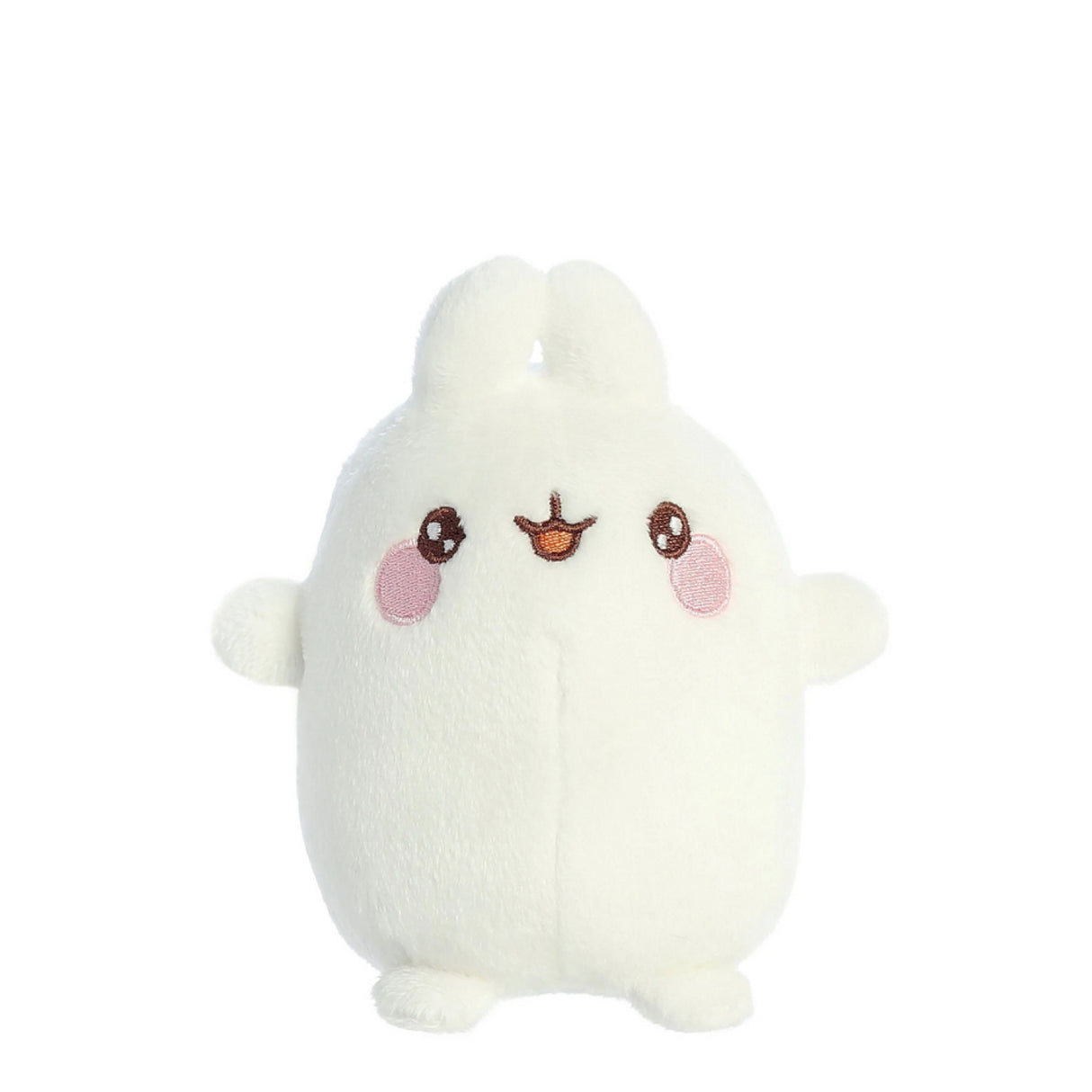 Molang Excited plush with embroidered face, soft texture, and chubby bunny shape, perfect for cuddling and collecting.