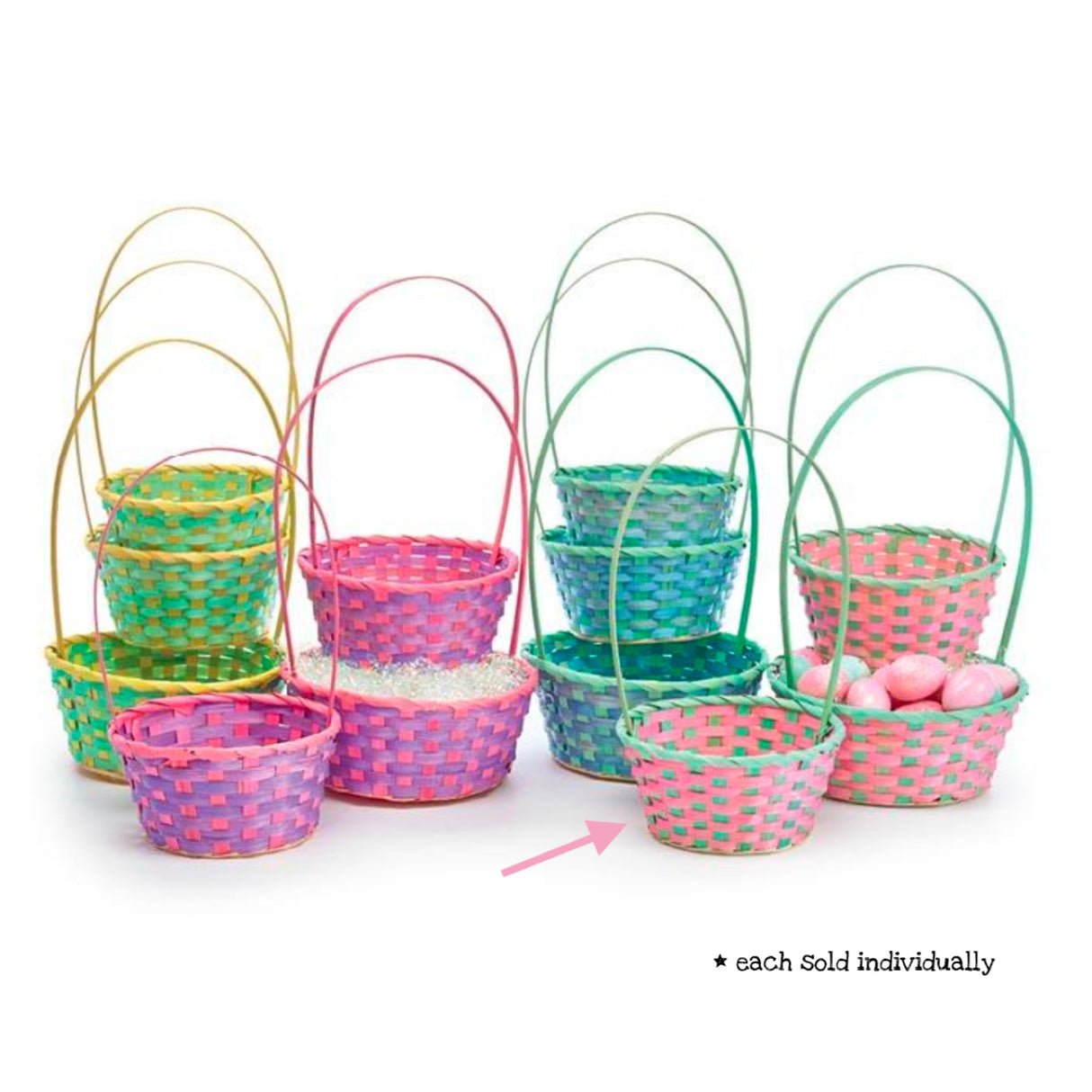 Small Pink Easter Basket bamboo basket in pink and green with 3.75 inch height and 7 inch opening, perfect for Easter gifts.