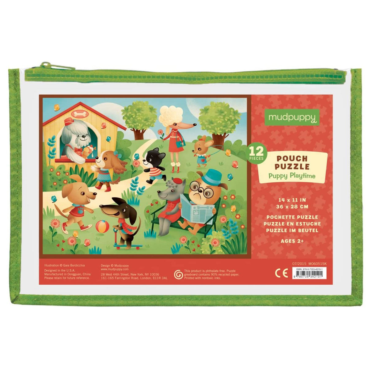 12pc Puppies Puzzle Pouch with 12 extra thick pieces and colorful zippered storage pouch for toddlers ages 2-4.