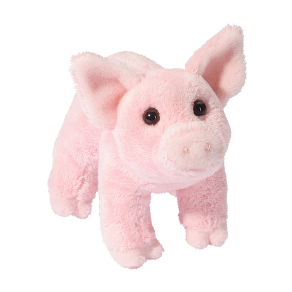Pink plush toy pig with large ears and brown eyes, standing, called Pig Buttons stuffed animal.