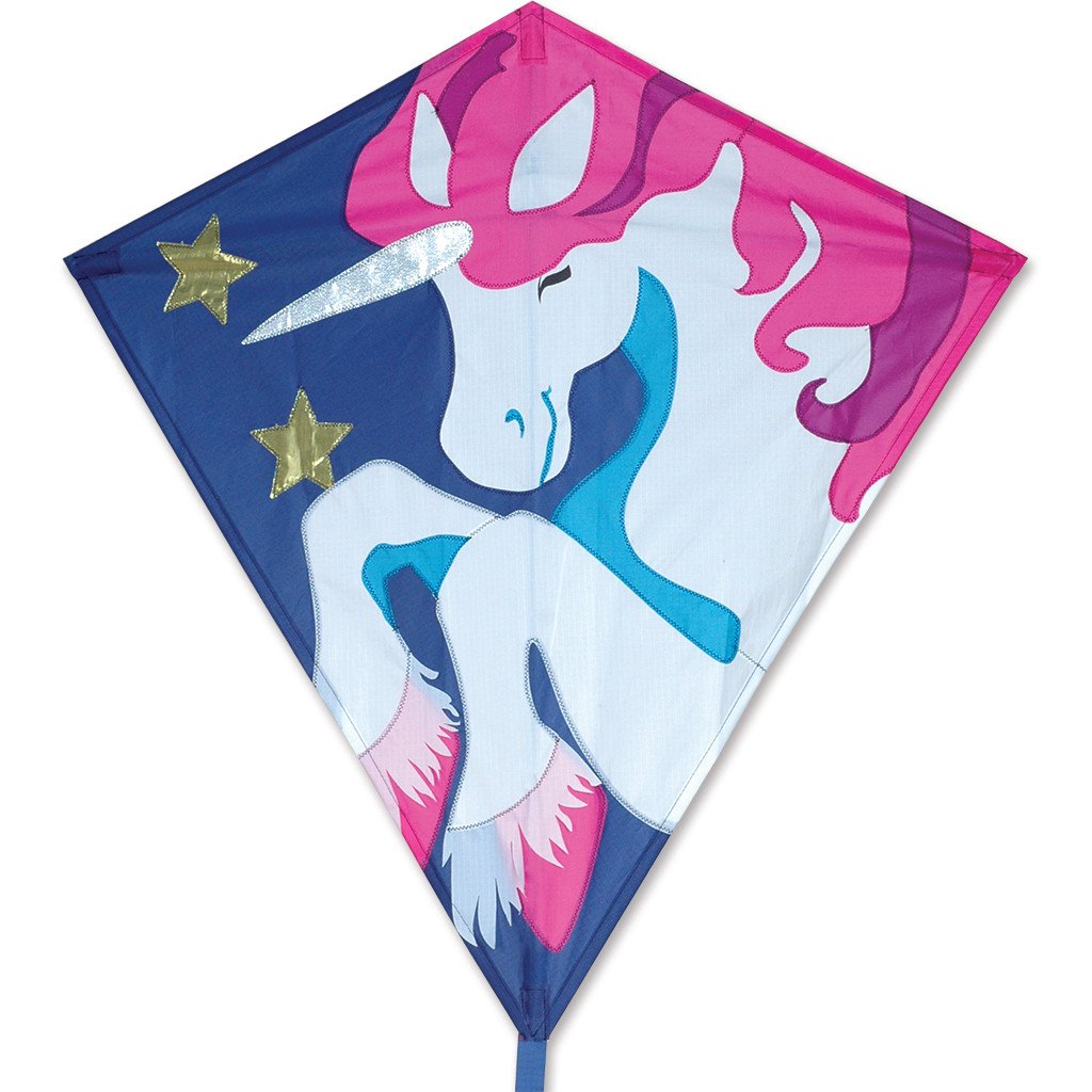 30" Diamond Kite | Trixie Unicorn with pink mane, white unicorn, and gold stars on navy background.