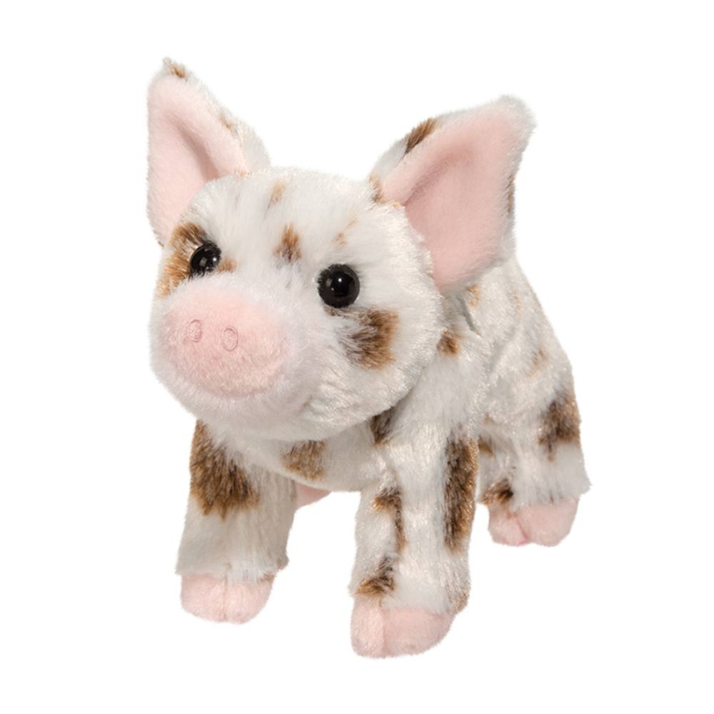 Brown Spotted Pig Yogi plush toy with soft silky fabric, spotted brown and white fur, detailed snout, and small size.