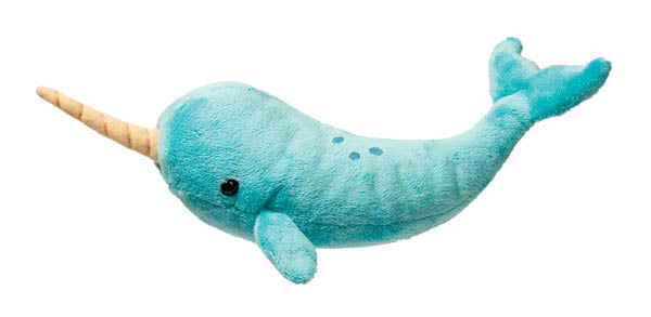 Colorful Narwhal plush toy in soft blue with a golden horn, perfect for cuddling and imaginative play.