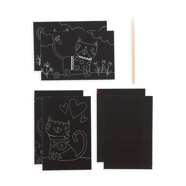 Scratch & Scribble Cutie Cats mini scratch art kit with illustrated cat cards, rainbow DIY cards, and wooden stylus.