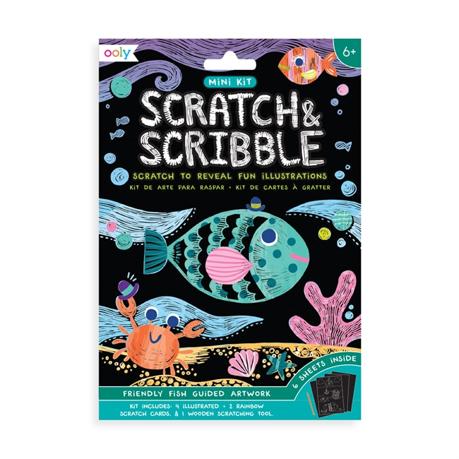 Scratch & Scribble Friendly Fish travel-sized scratch art kit with guided fish illustrations and wooden stylus for kids 6+.