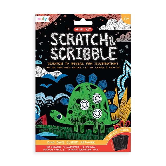 Scratch & Scribble Dino Days dinosaur themed mini scratch art kit with colorful guided cards and wooden stylus for kids 6+ years.