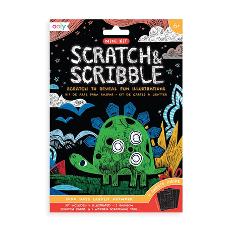 Scratch & Scribble Dino Days dinosaur themed mini scratch art kit with colorful guided cards and wooden stylus for kids 6+ years.