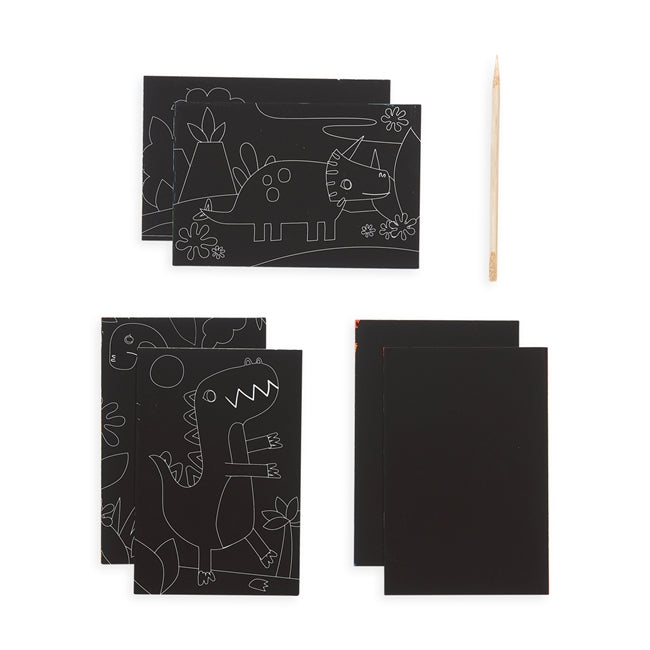 Scratch & Scribble Dino Days kids scratch art kit with dinosaur cards, blank rainbow scratch sheets, and wooden stylus.