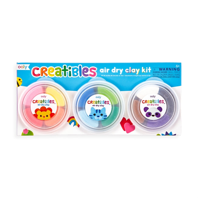 Creatibles Air Dry Clay Kit with 12 colorful clay shades in 3 tubs and 3 shaping tools for creative sculpting projects.