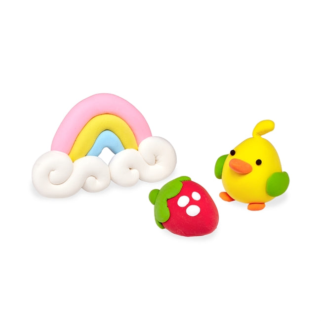 Creatibles Air Dry Clay Kit featuring colorful clay creations of a rainbow, strawberry, and yellow bird sculpture.