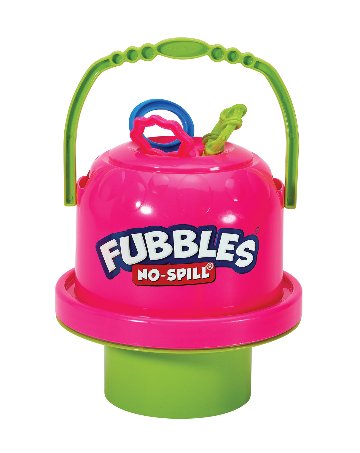 Fubbles No-Spill Big Bubble Bucket with handle and three colorful bubble wands for easy, spill-free outdoor play.