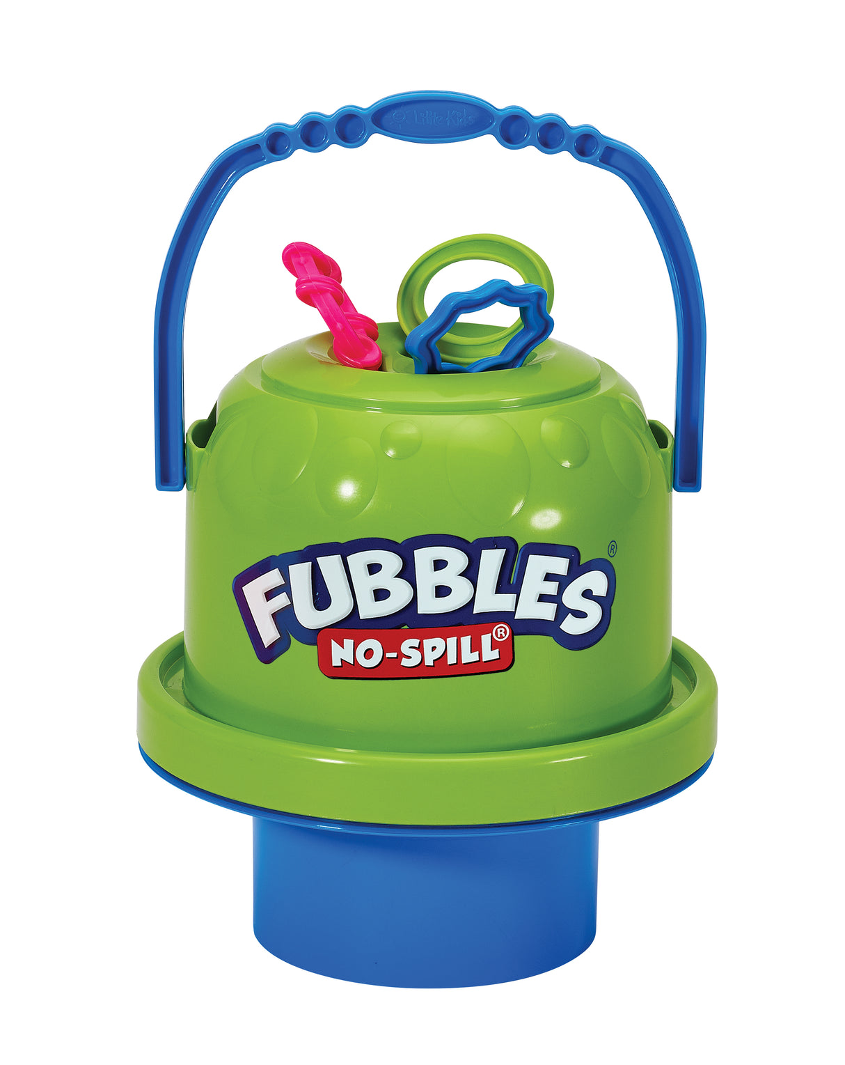 Fubbles No-Spill Big Bubble Bucket with handle and three wands designed to prevent bubble spills and share playtime.