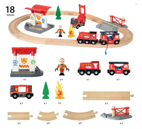 Rescue Firefighter Set featuring 18 pieces including fire truck, train, tracks, firefighter figure, and fire accessories for kids.